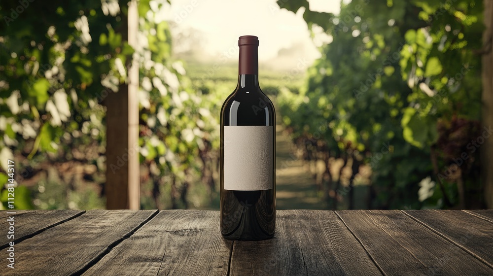 Aufkleber A wine bottle mockup with a customized label, placed on a wooden table in a rustic vineyard environment, creating a sophisticated and welcoming look