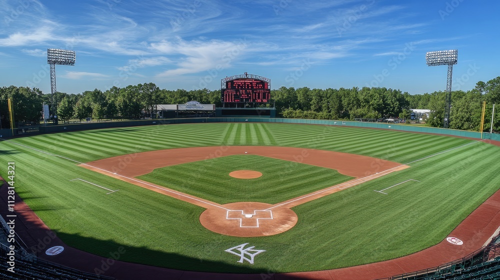 Poster A wide view of an empty baseball stadium with a perfectly maintained field and large scoreboard, capturing the grandeur and stillness of the stadium