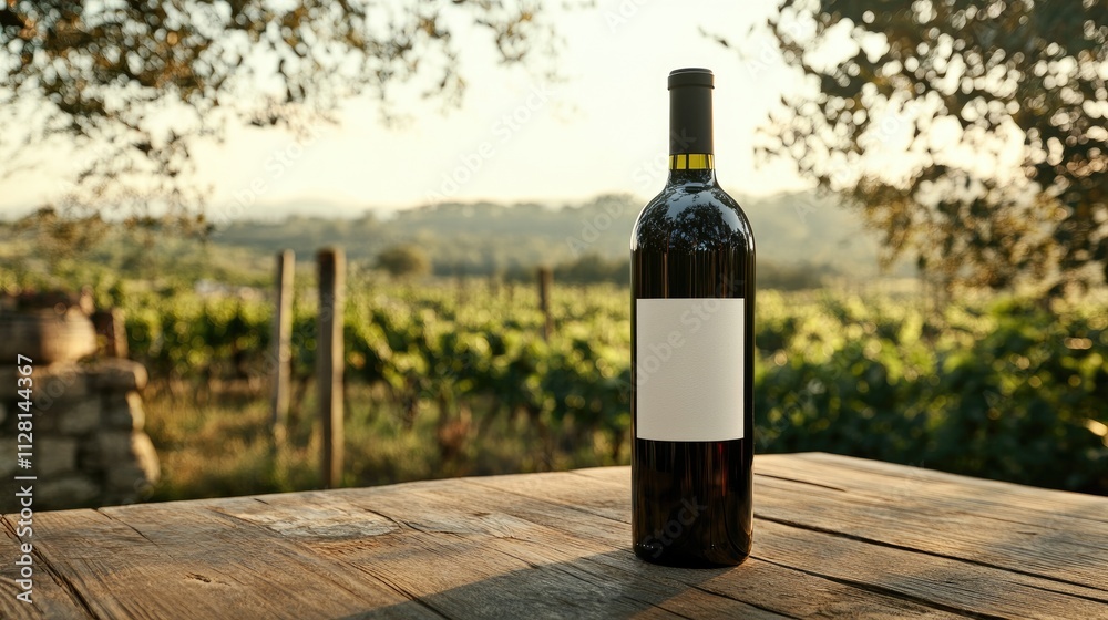 Aufkleber A wine bottle mockup with a customized label, placed on a wooden table in a rustic vineyard environment, creating a sophisticated and welcoming look