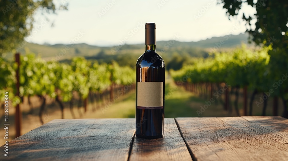 Poster A wine bottle mockup with a customized label, placed on a wooden table in a rustic vineyard environment, creating a sophisticated and welcoming look