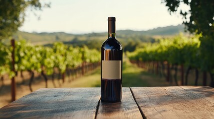 Fototapeta premium A wine bottle mockup with a customized label, placed on a wooden table in a rustic vineyard environment, creating a sophisticated and welcoming look