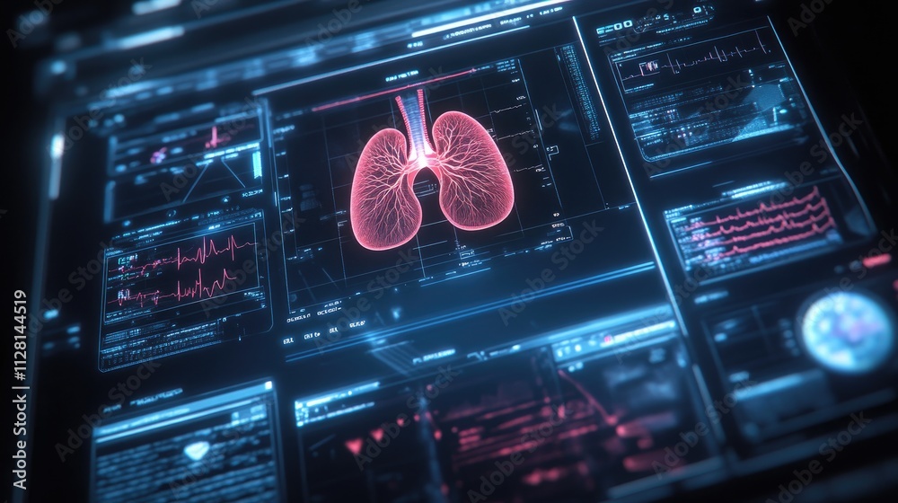 Aufkleber an advanced medical interface displaying lung health data and vitals, with a digital representation 