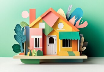 Pop-up card colorful house made up different abstract trendy paper