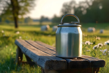 Shiny milk can on wooden bench dairy farm background shot