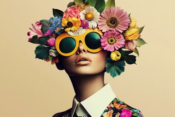 Portrait woman unique colorful headpiece made flowers leaves