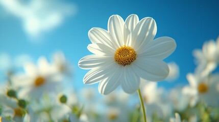 white daisy with blue sky and blooming flowers background