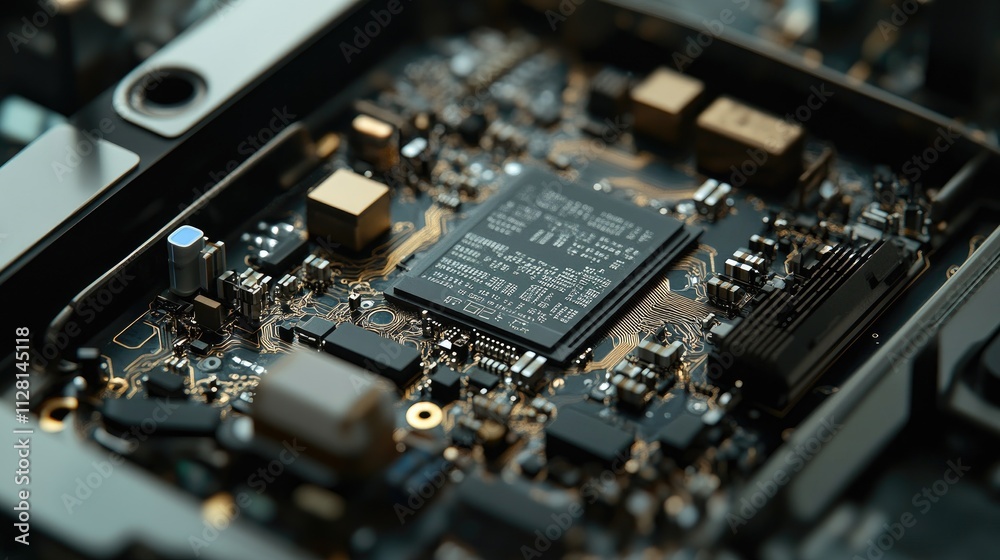 Poster Close-up view of mobile phone CPU and chip, with intricate circuitry exposed for repair or technology-related themes