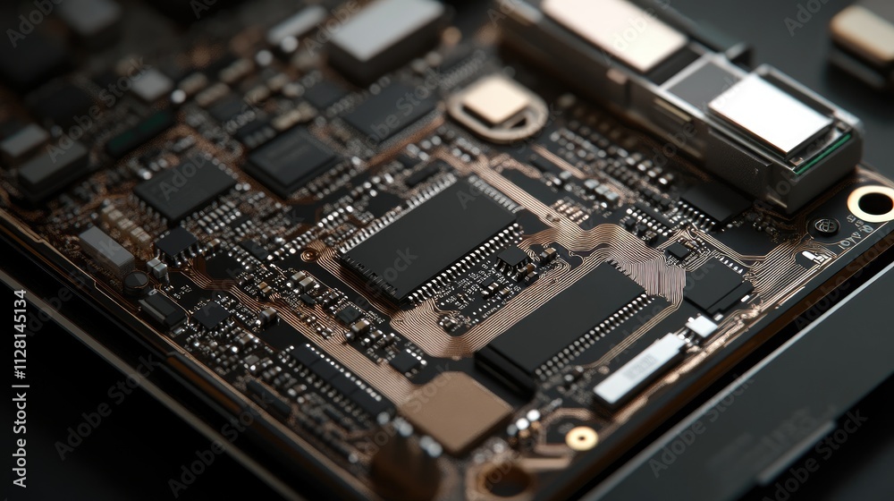 Aufkleber close-up view of mobile phone cpu and chip, with intricate circuitry exposed for repair or technolog