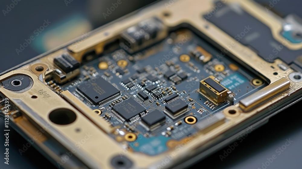 Poster close-up view of mobile phone cpu and chip, with intricate circuitry exposed for repair or technolog