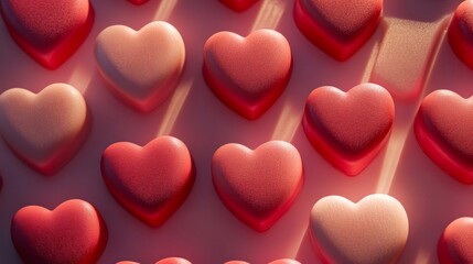 Obraz premium Heart shaped candies arranged in rows on pink background