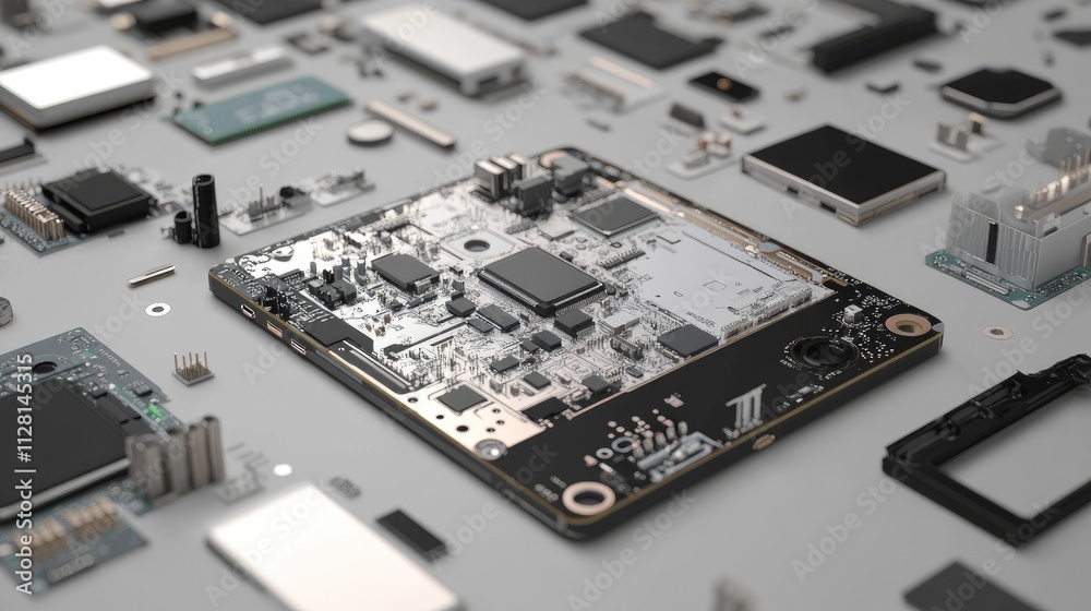Poster detailed 3d render of a disassembled mobile phone's electronic chip and cpu, highlighting the intern