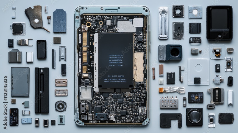 Poster Disassembled mobile phone with a focus on the electronic chip and CPU, showcasing key components for phone repair or maintenance
