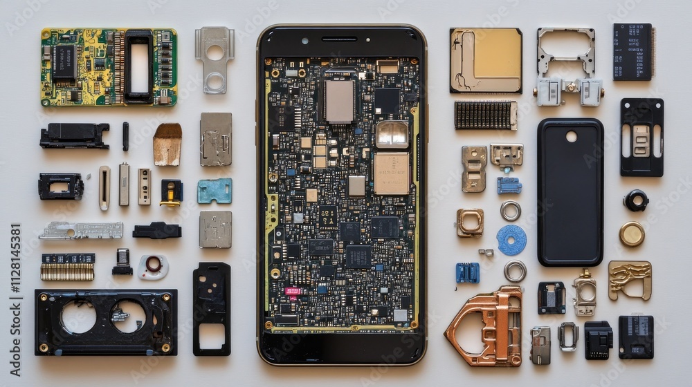 Poster disassembled mobile phone with a focus on the electronic chip and cpu, showcasing key components for