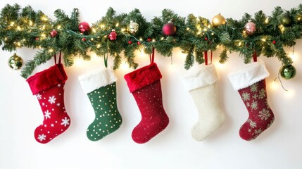 Christmas socks on the fireplace Red Christmas boots. Santa Claus boots	
