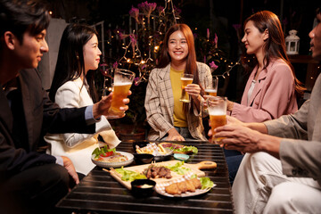 Throw a party Celebrate whiskey at a friendly party in a restaurant. Night.