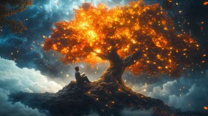 Man Reading Under a Glowing Magical Tree in a Starry Dreamscape