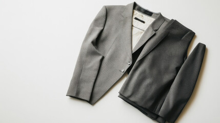 Stylish and Sophisticated Gray Blazer Laid Elegantly on a White Surface, Perfect for Formal Events, Business Meetings, or Casual Wear with a Contemporary Touch