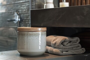 Sleek bathroom countertop featuring a ceramic jar and neatly stacked towels during daylight hours