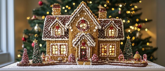 A gingerbread house with chocolate shingles and candy windows. The background is a festive Christmas tree, Generative AI