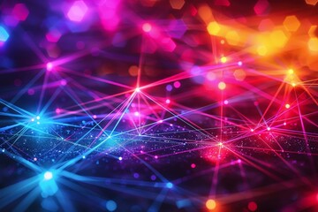 Vibrant Neon Abstract Network of Colorful Intersecting Lines and Nodes on Dark Background Creating Futuristic Digital Glow Effect