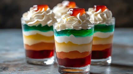 A layered tricolor Italian dessert in a glass, featuring whipped cream, vibrant jelly, and sweet layers, perfect for indulgent moments