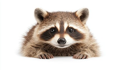 Obraz premium A cute raccoon with distinctive facial markings gazes directly at the viewer, showcasing its playful and curious nature, isolated on a white background.