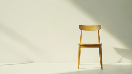 Minimalist wooden chair in a sunlit room showcasing simplicity and elegance against a soft, neutral wall background with subtle shadows creating a serene atmosphere