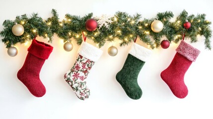 Christmas socks on the fireplace Red Christmas boots. Santa Claus boots	
