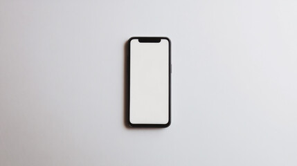 A sleek modern smartphone with a blank screen placed on a clean, minimalistic surface, perfect for showcasing app designs or user interfaces in a professional setting.
