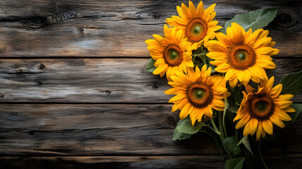 Sunflowers arranged on a wooden board.