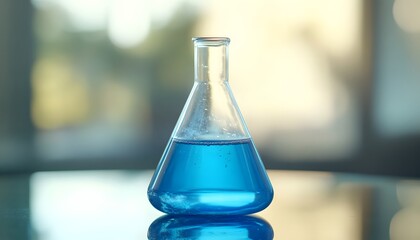 Blue liquid in a laboratory Erlenmeyer flask on a glass table with a blurred science background