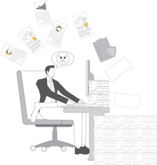 Busy working businessman, dealing with work and paperwork, isometric businessman sitting at a desk working hard to complete an overloaded workload