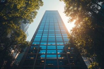 Modern glass skyscraper reflecting blue sky, towering over the urban cityscape