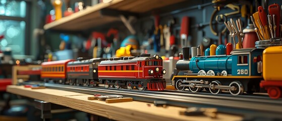 Santa’s workshop with a row of toy trains being painted. The background shows tools and supplies organized on a shelf, Generative AI