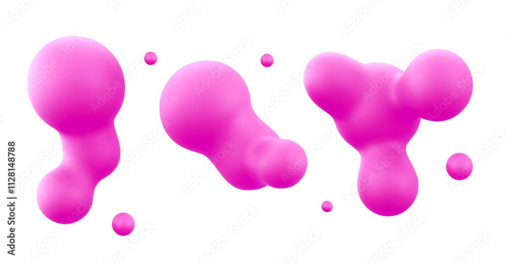 Poster bright pink 3d blobs with smooth rounded shapes floating on white background. abstract liquid forms 