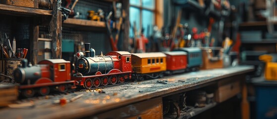Fototapeta premium Santa’s workshop with a row of toy trains being painted. The background shows tools and supplies organized on a shelf, Generative AI