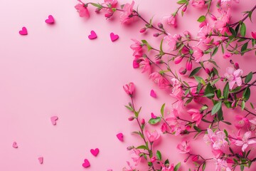Pink Flowers and Hearts on Pink Background