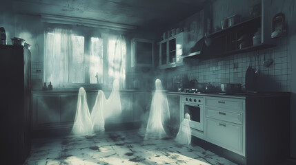 Eerie kitchen with ghostly apparitions floating in the air, creating a spooky, haunted, and mysterious atmosphere. Phantom. Illustration