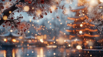 Winter Wonderland: A delicate frosted tree branch adorned with red berries stands out against a magical backdrop of twinkling lights and falling snow, creating a picturesque winter scene. 