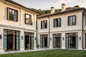 Fototapeta premium Exterior view of 02 story house with modern design and having black glass windows