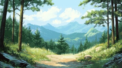 Obraz premium Mountain view from a forested trail, soft morning sunlight, tranquil nature setting 