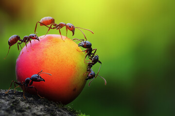 ants solving problem of food transportation, teamwork