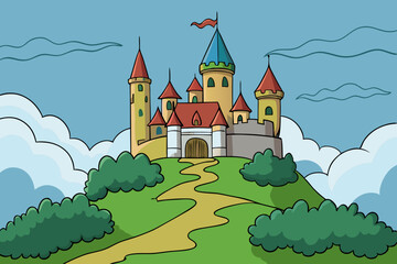 Naklejka premium Castle on a hill surrounded by fog isolated vector illustration