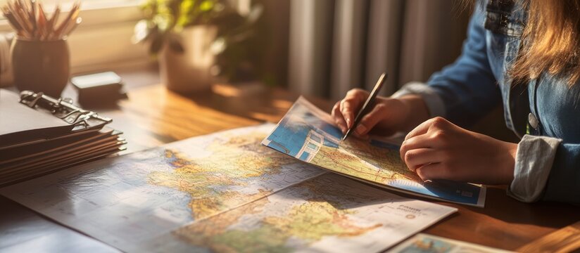 Woman planning a trip, marking locations on a world map.