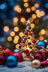 Obraz premium Celebrate the magic of Christmas with a tree, soft bokeh lights, and a glowing star.