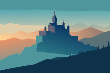 Fototapeta premium Castle on a hill surrounded by fog isolated vector illustration