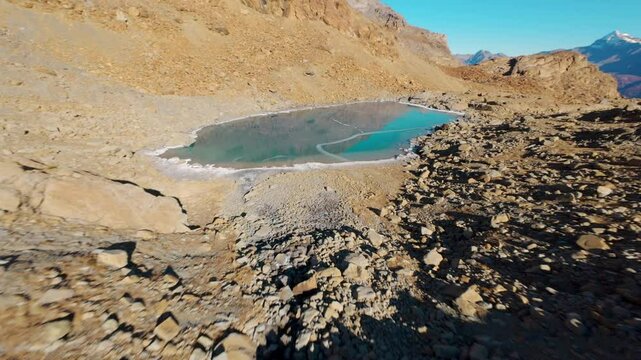 Sassersa Lakes Near Predaccio Peak In Primolo, Sondrio, Italy. FPV drone shot
