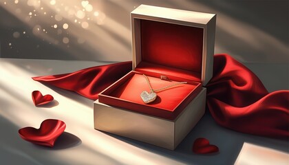 Diamond heart pendant in open gift box. Valentine jewelry concept