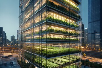 A multi-story, urban vertical farm with floor-to-ceiling glass walls. Inside, rows of leafy greens grow under controlled lighting.