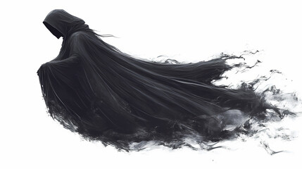 A dark hooded phantom flying, its long cloak trailing behind, on a white background. Phantom. Illustration